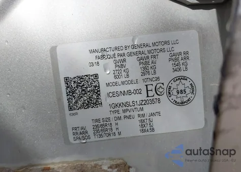 2018 GMC Acadia Sle-2 from USA, damaged, VIN 1GKKNSLS1JZ203578